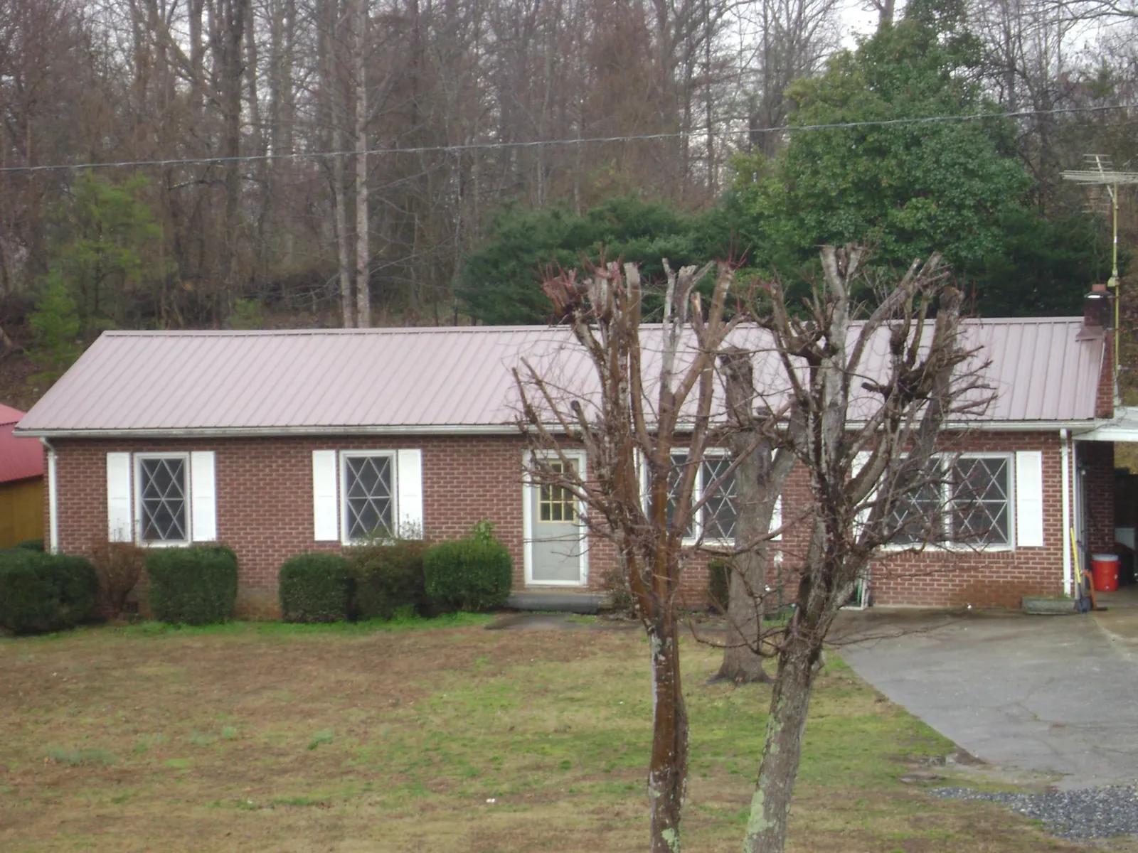 Mauve metal roof on a brick ranch home behind bare trees in Pocomoke City