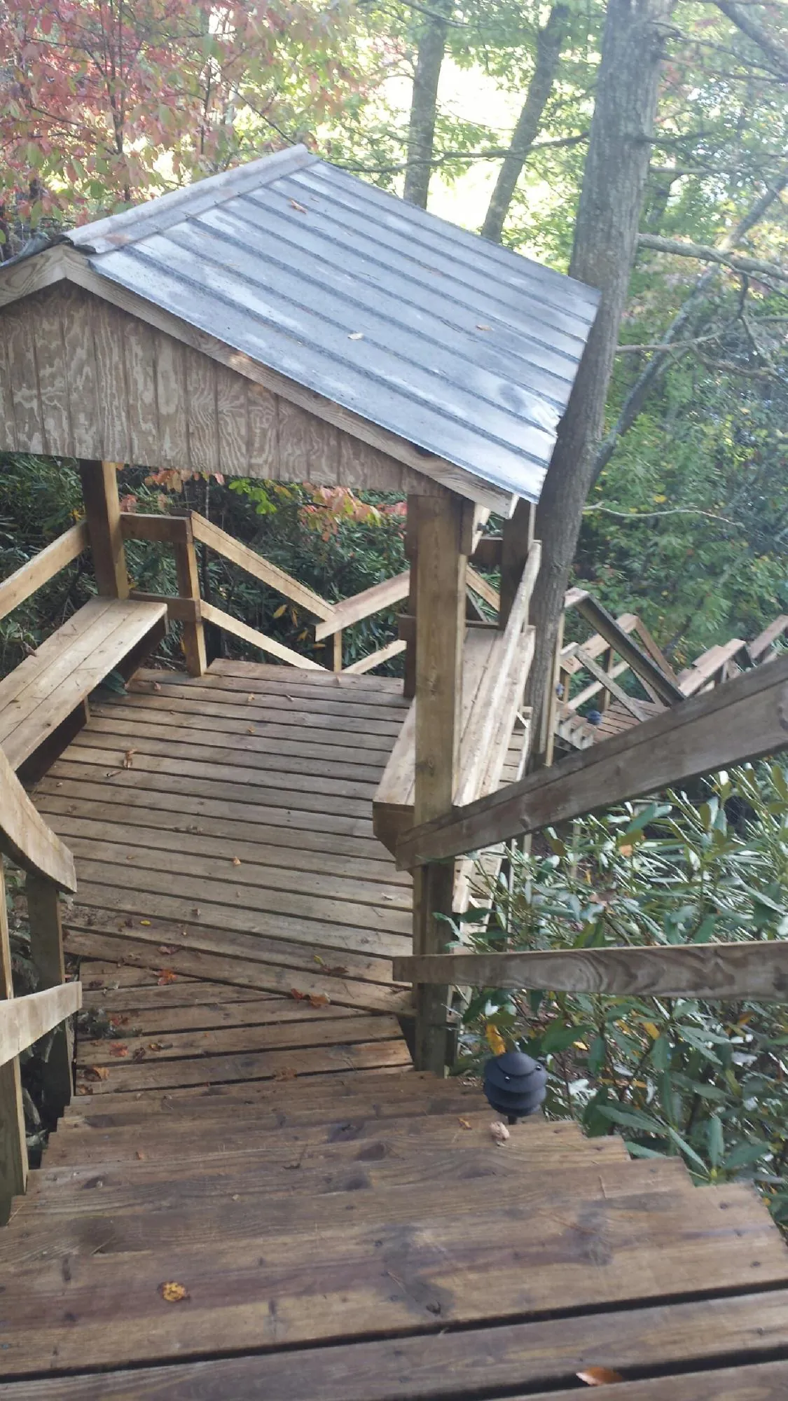 Metal roofed shelter over wooden steps on a wooded walkway — Skylight Repair & Installation work by our crew in Pocomoke City